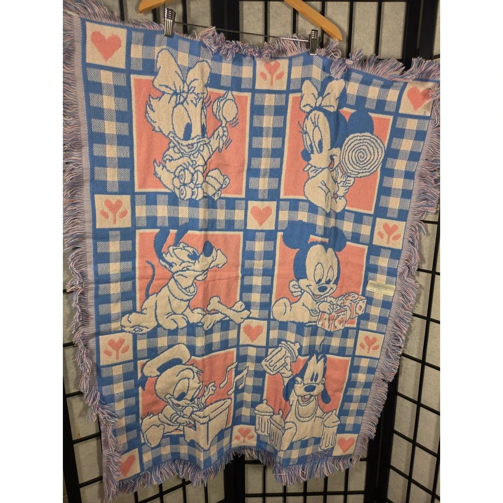 Vintage 1994 Disney Avon Baby Blanket Woven Mickey Minnie Donald Pluto Pink Blue